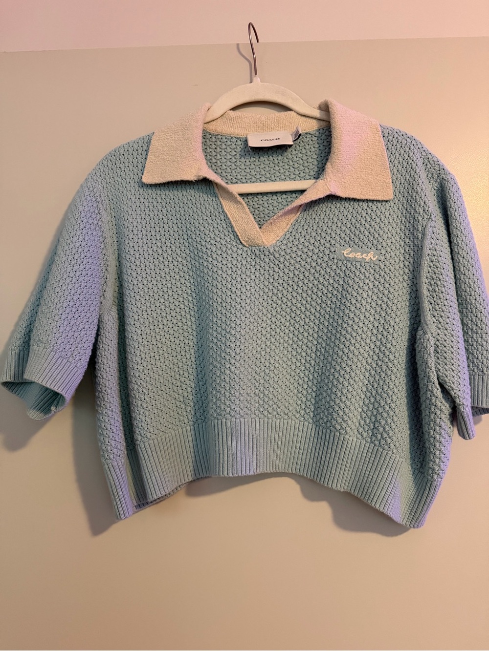 Coach Sky Blue Cotton-Knit Cropped Polo Sweater